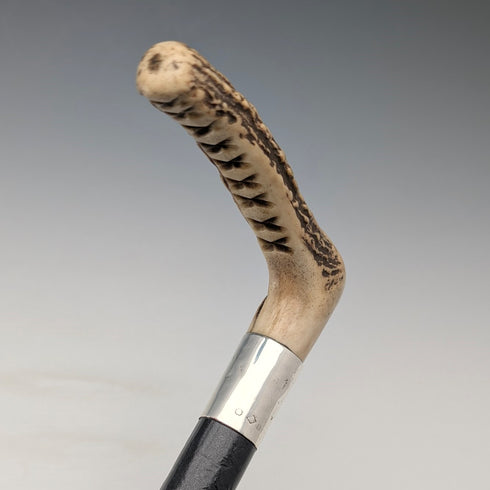 1914年 英国アンティーク ブラックシャフト L字アントラーハンドル 純銀装飾 ステッキ 杖 88cm